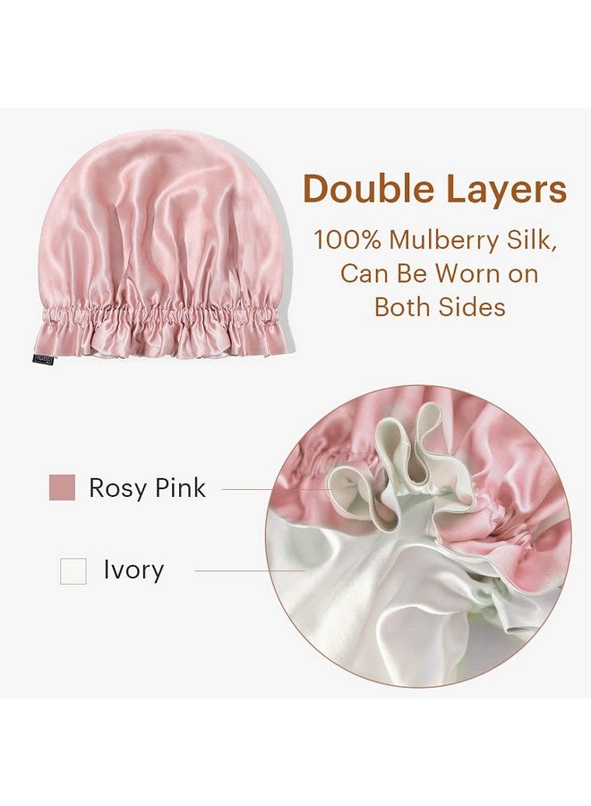 LilySilk Pure Silk Lined Cap For Women Sleep Double Layered Adjustable Ribbons Luxury Natural Silk Bonnet Cap For Sleeping Rosy Pink+Ivory - Image 2