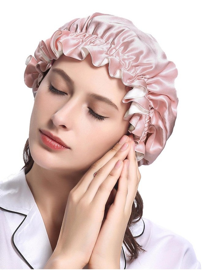LilySilk Pure Silk Lined Cap For Women Sleep Double Layered Adjustable Ribbons Luxury Natural Silk Bonnet Cap For Sleeping Rosy Pink+Ivory - Image 1