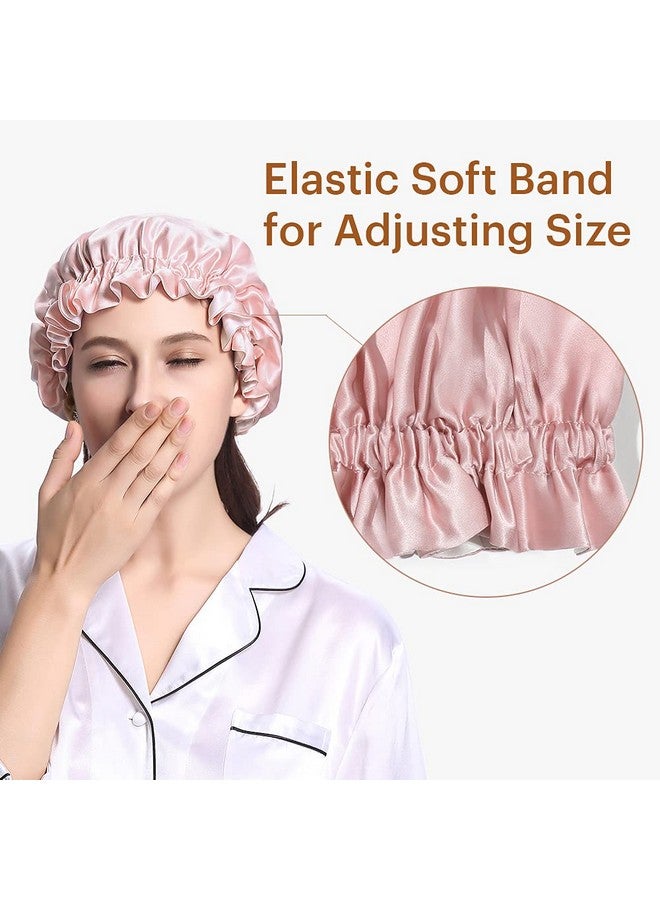 LilySilk Pure Silk Lined Cap For Women Sleep Double Layered Adjustable Ribbons Luxury Natural Silk Bonnet Cap For Sleeping Rosy Pink+Ivory - Image 3
