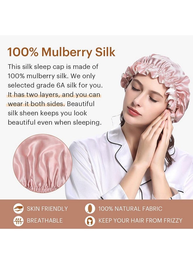 LilySilk Pure Silk Lined Cap For Women Sleep Double Layered Adjustable Ribbons Luxury Natural Silk Bonnet Cap For Sleeping Rosy Pink+Ivory - Image 5
