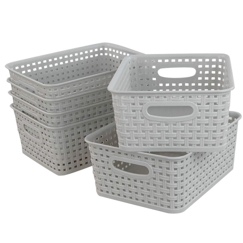 Fiazony 6-Pack Woven Plastic Storage Baskets, 10.03" x 7.55" x 4.09", Lightly Gray