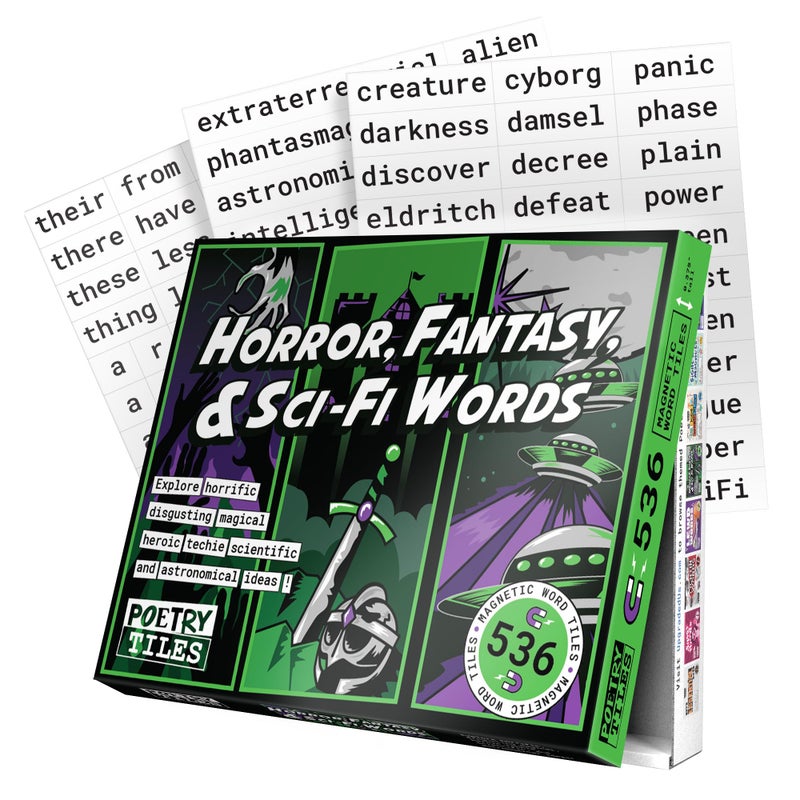 Poetry Tiles  Horror Fantasy SciFi Themed Word Magnets for Fridge  536 Fridge Word Magnets Geek Gift Kit for Refrigerator Poems  Stories  375 Tall Tiles  Spooky Gifts for Kids  Adults