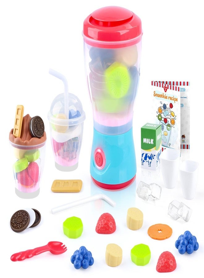 PLAY مجموعة خلاط اللعب لصنع السموذي - 27 قطعة جهاز مطبخ للعب التظاهر للأطفال مع حركة واقعية، ضوء وصوت، طعام لعب فواكه وبسكويت، خلاط لعبة هدية عيد ميلاد للأطفال من عمر 3 سنوات فما فوق - Image 1