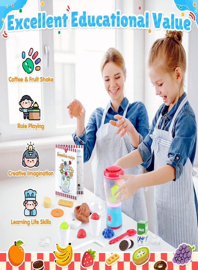 PLAY مجموعة خلاط اللعب لصنع السموذي - 27 قطعة جهاز مطبخ للعب التظاهر للأطفال مع حركة واقعية، ضوء وصوت، طعام لعب فواكه وبسكويت، خلاط لعبة هدية عيد ميلاد للأطفال من عمر 3 سنوات فما فوق - Image 4
