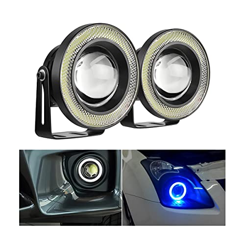 AICEL 2PCS Car Angel Eye Fog Light, Round COB LED Lamp High Power Bright with White Halo Angel Eye Rings Headlight, Universal Daytime Running Light DRL Car Driving Bulbs Projector (Blue) - Image 1