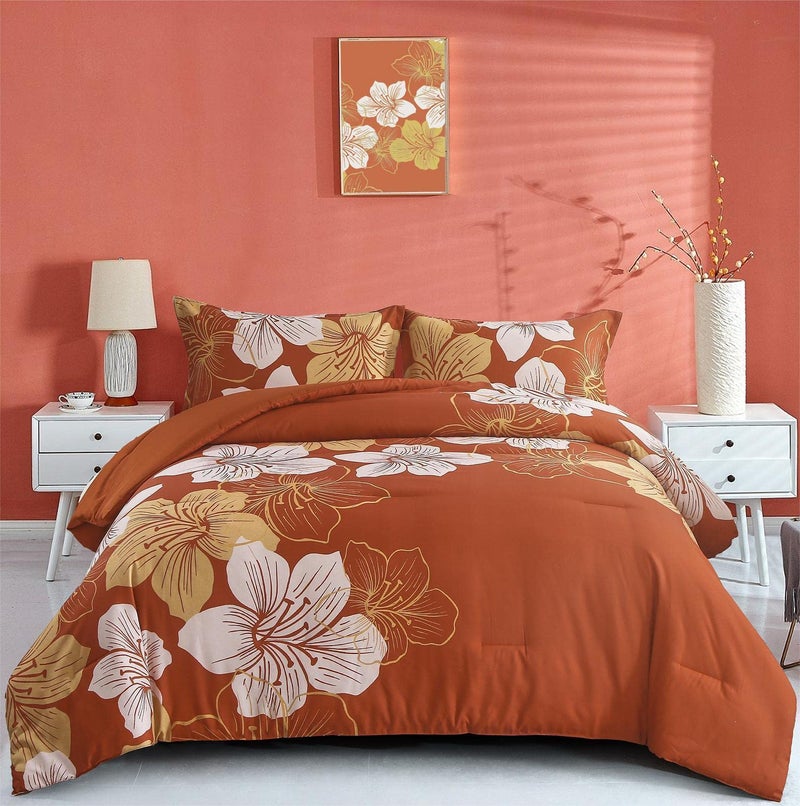 Menghomeus Terracotta Comforter Set California King Burnt Orange Floral Comforter Botanical Bedding Sets Cal King Soft Microfiber Thanksgiving Bed Set for All Season - Image 1