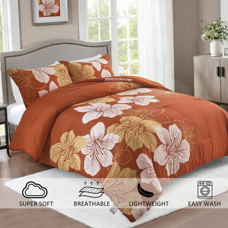 Menghomeus Terracotta Comforter Set California King Burnt Orange Floral Comforter Botanical Bedding Sets Cal King Soft Microfiber Thanksgiving Bed Set for All Season - Image 2
