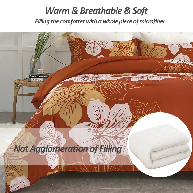 Menghomeus Terracotta Comforter Set California King Burnt Orange Floral Comforter Botanical Bedding Sets Cal King Soft Microfiber Thanksgiving Bed Set for All Season - Image 3
