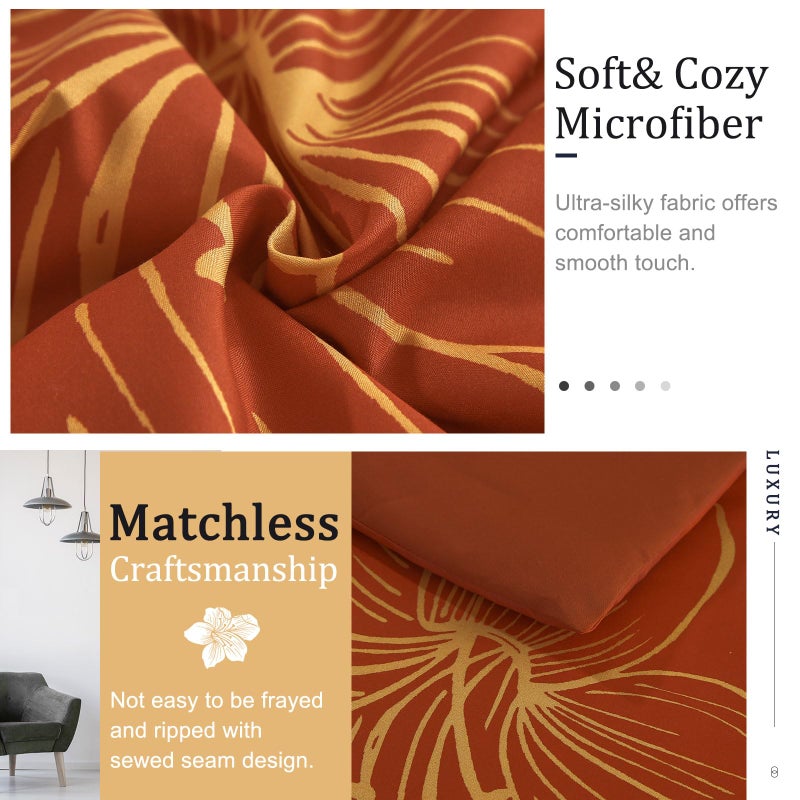 Menghomeus Terracotta Comforter Set California King Burnt Orange Floral Comforter Botanical Bedding Sets Cal King Soft Microfiber Thanksgiving Bed Set for All Season - Image 4