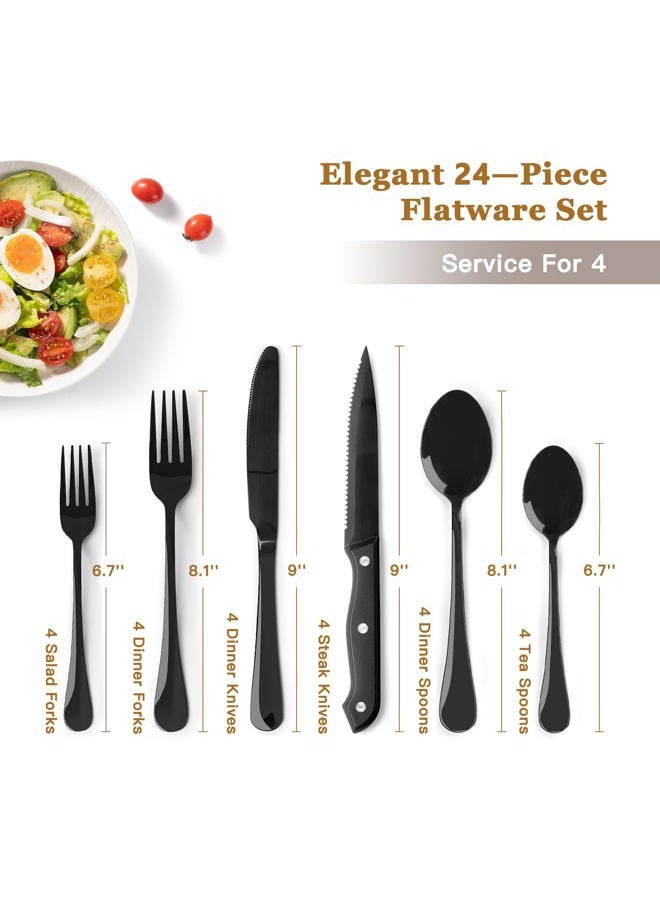 Astercook 24-Piece Black Silverware Set with Steak Knives Flatware Set for 4 Food-Grade Stainless Steel Cutlery Set Mirror Polished Utensils Set Include Spoons and Forks for Home Kitchen Restaurant - Image 2
