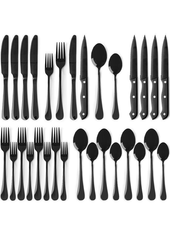 Astercook 24-Piece Black Silverware Set with Steak Knives Flatware Set for 4 Food-Grade Stainless Steel Cutlery Set Mirror Polished Utensils Set Include Spoons and Forks for Home Kitchen Restaurant - Image 1