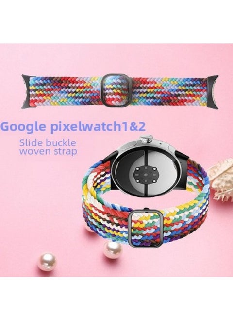 Suitable For Google Google Pixel Watch 2/1 Nylon Elastic Woven Strap Adjustable Slide Buckle Strap-Color:Z Pink And White-Specifications:Rose Gold Slide Buckle