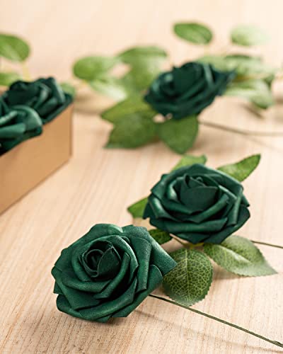 DuHouse 25Pcs Artificial Roses Flowers Fake Roses with Stems Real Touch Foam Flowers for DIY Wedding Bouquet Baby Shower Centerpiece Floral Arrangement Party Home Decor(Hunt Green) - Image 2