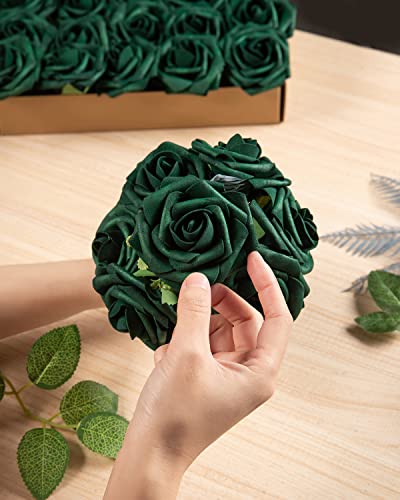 DuHouse 25Pcs Artificial Roses Flowers Fake Roses with Stems Real Touch Foam Flowers for DIY Wedding Bouquet Baby Shower Centerpiece Floral Arrangement Party Home Decor(Hunt Green) - Image 5