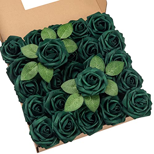 DuHouse 25Pcs Artificial Roses Flowers Fake Roses with Stems Real Touch Foam Flowers for DIY Wedding Bouquet Baby Shower Centerpiece Floral Arrangement Party Home Decor(Hunt Green) - Image 1