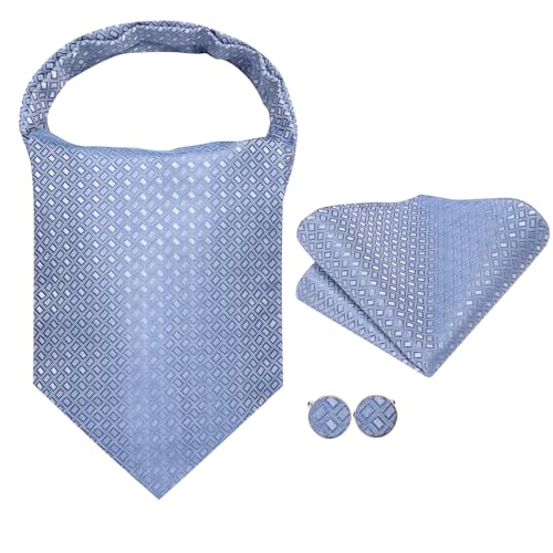 Hi-Tie Light Blue Ascot for Men Silk Self Tie Men's Cravat and Lapel Pin Pocket Square Cufflinks Set for Wedding Party - Image 3