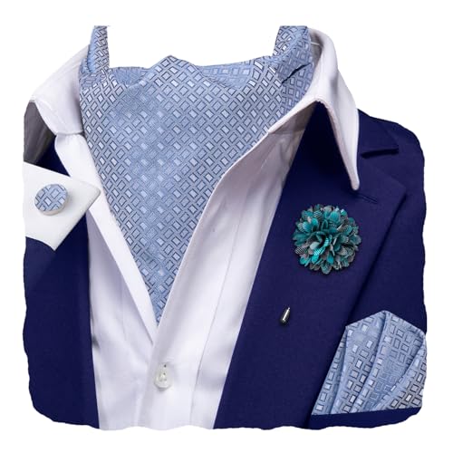 Hi-Tie Light Blue Ascot for Men Silk Self Tie Men's Cravat and Lapel Pin Pocket Square Cufflinks Set for Wedding Party - Image 1