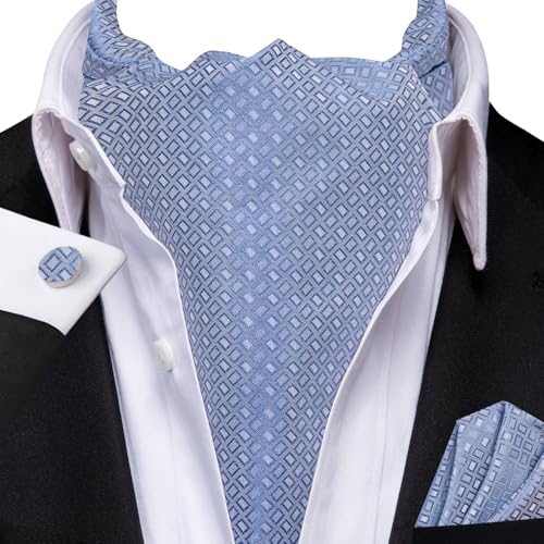 Hi-Tie Light Blue Ascot for Men Silk Self Tie Men's Cravat and Lapel Pin Pocket Square Cufflinks Set for Wedding Party - Image 2