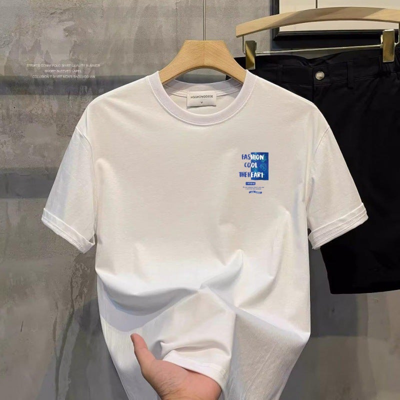 Men'S T-Shirt High-End Pure White Round Neck Short Sleeve Printed Casual Versatile Couple Bottoming Shirt Trendy Printed Top - Image 2