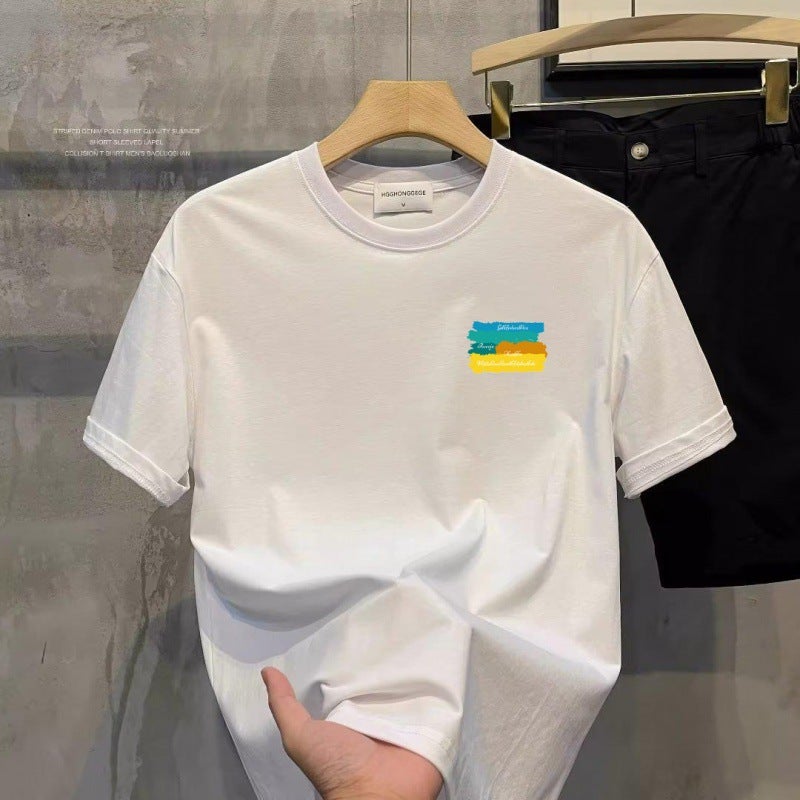 Men'S T-Shirt High-End Pure White Round Neck Short Sleeve Printed Casual Versatile Couple Bottoming Shirt Trendy Printed Top - Image 3