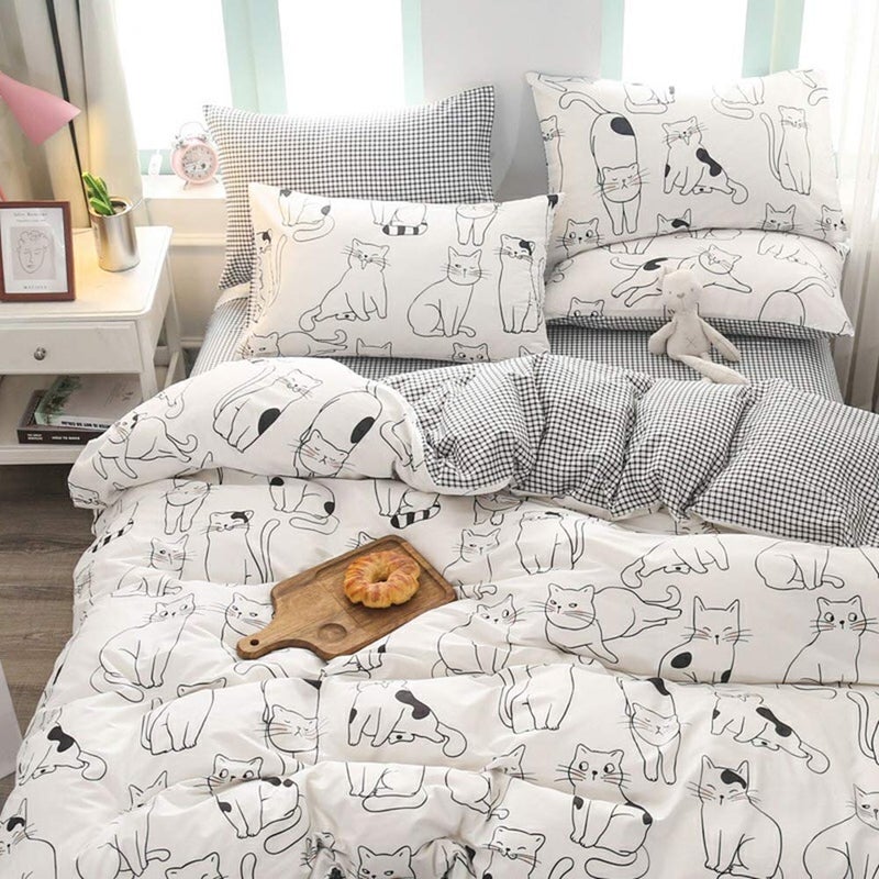 BlueBlue BlueBlue Cats Kids Duvet Cover Set Twin 100 Cotton Bedding for Boys Girls Teens Single Bed Cartoon Cats Pattern Print on White 1 Animal Comforter Cover 2 Pillowcase Twin Cute Cat