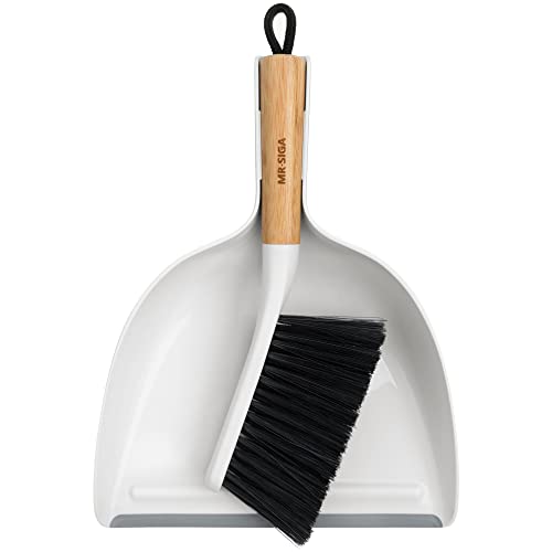 MRSIGA Dustpan and Brush Set Portable Cleaning Brush and Dustpan Combo with Bamboo Handle White 1 Set