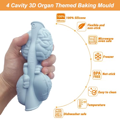 BENEKIY 3D Human Brain Heart Silicone Molds, 2 Pack Realistic Halloween Organ Shapes Silicone Muffin Molds for Chocolate Pudding Dessert Jelly Handmade Soap Candle for Halloween Party Props - Image 3