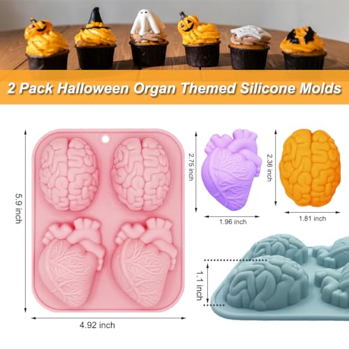 BENEKIY 3D Human Brain Heart Silicone Molds, 2 Pack Realistic Halloween Organ Shapes Silicone Muffin Molds for Chocolate Pudding Dessert Jelly Handmade Soap Candle for Halloween Party Props - Image 2