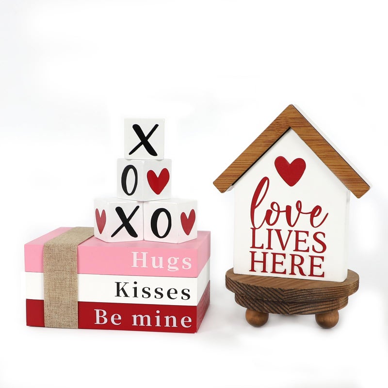 DAZONGE Valentines Day Decorations  Valentine Wood Book Stack with XOXO Blocks for Table Shelf Tiered Tray Decor  Freestanding Valentines Day Decor - Image 1