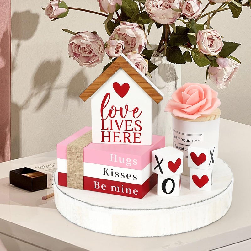 DAZONGE Valentines Day Decorations  Valentine Wood Book Stack with XOXO Blocks for Table Shelf Tiered Tray Decor  Freestanding Valentines Day Decor - Image 2