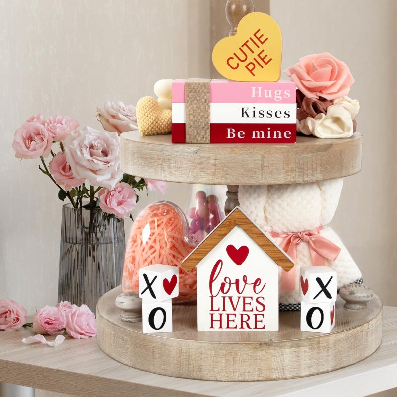 DAZONGE Valentines Day Decorations  Valentine Wood Book Stack with XOXO Blocks for Table Shelf Tiered Tray Decor  Freestanding Valentines Day Decor - Image 3