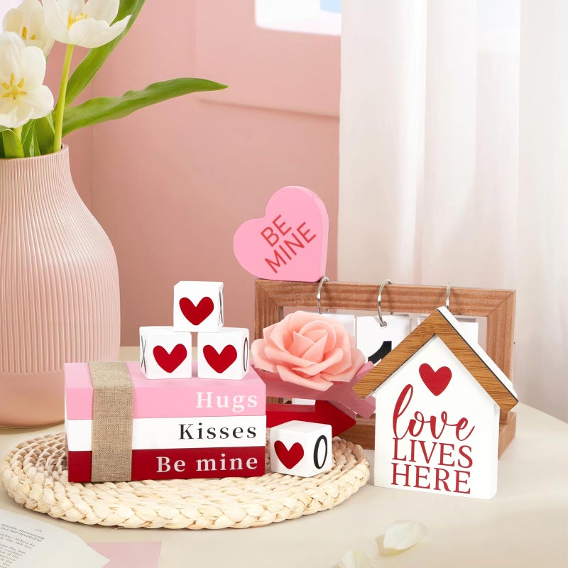 DAZONGE Valentines Day Decorations  Valentine Wood Book Stack with XOXO Blocks for Table Shelf Tiered Tray Decor  Freestanding Valentines Day Decor - Image 5