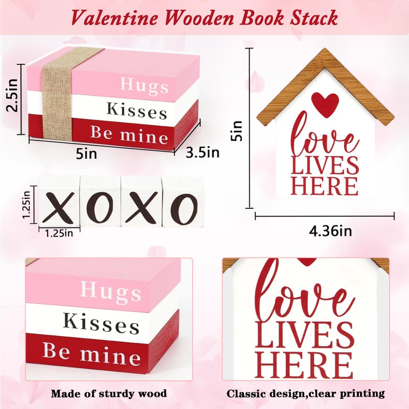 DAZONGE Valentines Day Decorations  Valentine Wood Book Stack with XOXO Blocks for Table Shelf Tiered Tray Decor  Freestanding Valentines Day Decor - Image 4