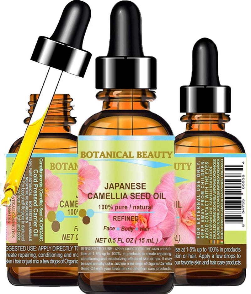 Botanical Beauty Japanese ORGANIC CAMELLIA Seed Oil. 100% Pure/Natural/Undiluted/Refined/Cold Pressed Carrier Oil. Rich antioxidant to revitalize and rejuvenate the hair, skin and nails. 0.5 Fl.oz-15ml.