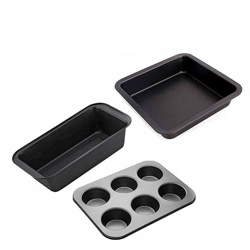 Xacton Bakeware Combo of 6 Carbon Steel Slot Muffin Tray with Square Cake Mould with Bread Loaf Pan for Microwave Oven OTG Cooker - Image 1