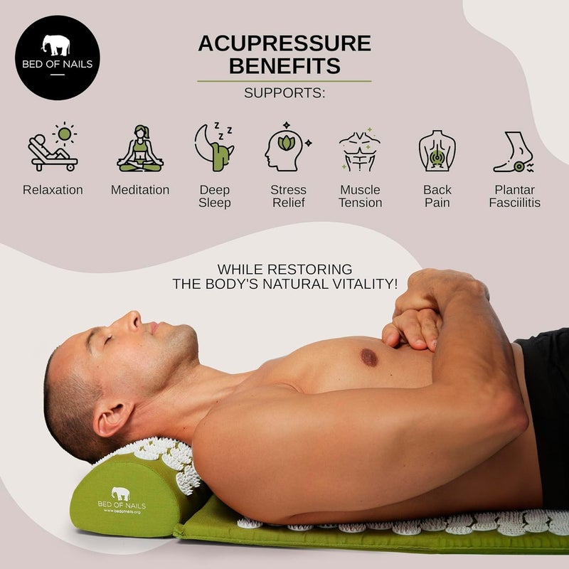BED OF NAILS The Original Premium Acupressure Mat, 8,820 Acupuncture Pressure Points for Back Pain Relief, Increased Energy, Relaxation, FSA/HSA Eligible, with Drawstring Bag, 29 x 16 x 1, Green - Image 4