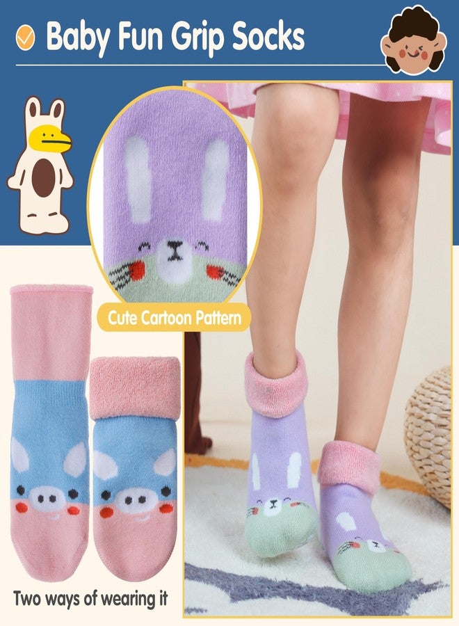 Sandsuced Toddlers Kids Grips Socks Warm Thermal Winter Thick Baby Girls Infants Anti Slip Non Skid Ankle Crew Funny Cartoon Gift Cotton Socks with Grippers 9 Pairs Stocking Stuffers(Animal,1-3 T) - Image 5