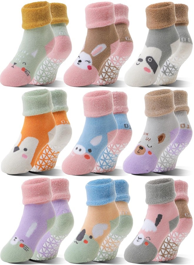 Sandsuced Toddlers Kids Grips Socks Warm Thermal Winter Thick Baby Girls Infants Anti Slip Non Skid Ankle Crew Funny Cartoon Gift Cotton Socks with Grippers 9 Pairs Stocking Stuffers(Animal,1-3 T) - Image 1