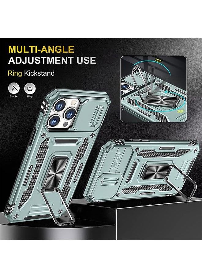 iPhone 15 Pro Max Case, Slide Camera Cover, Built-in 360° Rotate Ring Kickstand, Military Grade Shockproof Test, Heavy Duty Shockproof Protective Case for iPhone 15 Pro Max 6.7 Inch (Green)