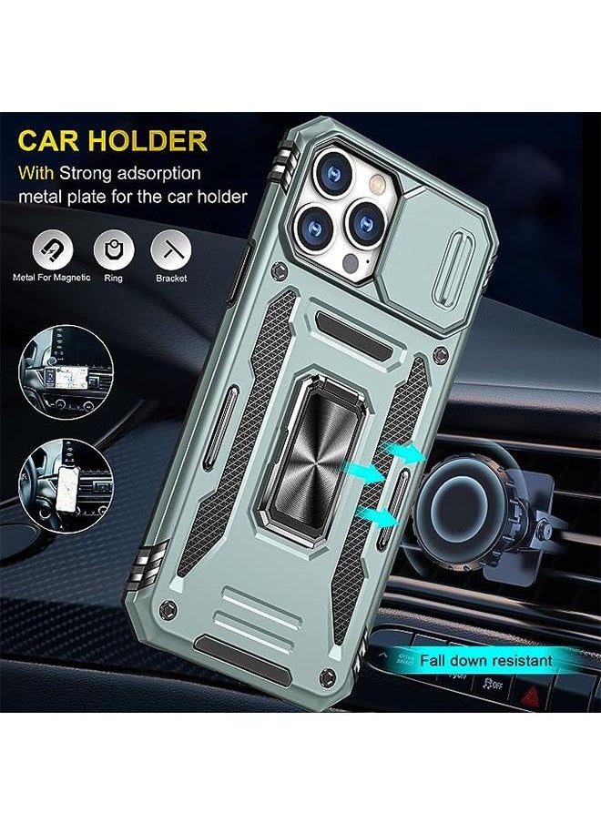 iPhone 15 Pro Max Case, Slide Camera Cover, Built-in 360° Rotate Ring Kickstand, Military Grade Shockproof Test, Heavy Duty Shockproof Protective Case for iPhone 15 Pro Max 6.7 Inch (Green)
