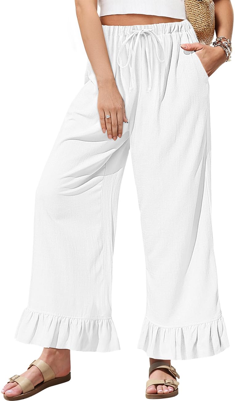TARSE Womenâ€™s Wide Leg Linen Pants with Drawstring Waist and Ruffle Hem Casual Loose Fit Trousers for Daily Wear(White,L) - Image 1