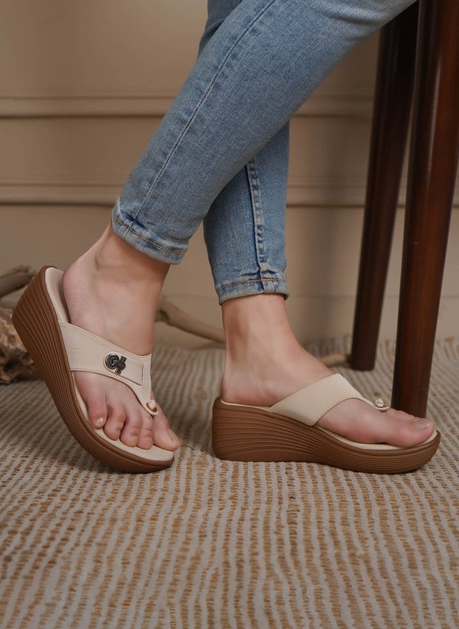She Zone Cream Wedge Sandals with Buckles for Women - Image 1