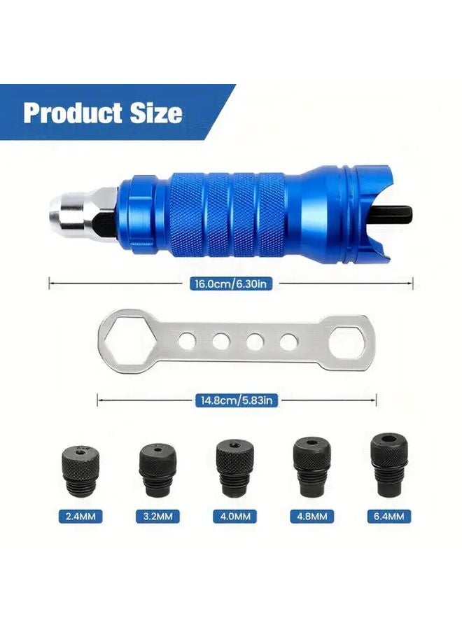 Blue Cordless Rivet Nut Gun Adapter Kit with Interchangeable Heads and Wrench - Image 3