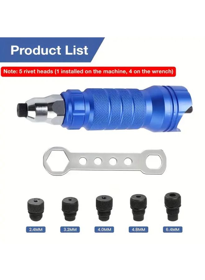 Blue Cordless Rivet Nut Gun Adapter Kit with Interchangeable Heads and Wrench - Image 1