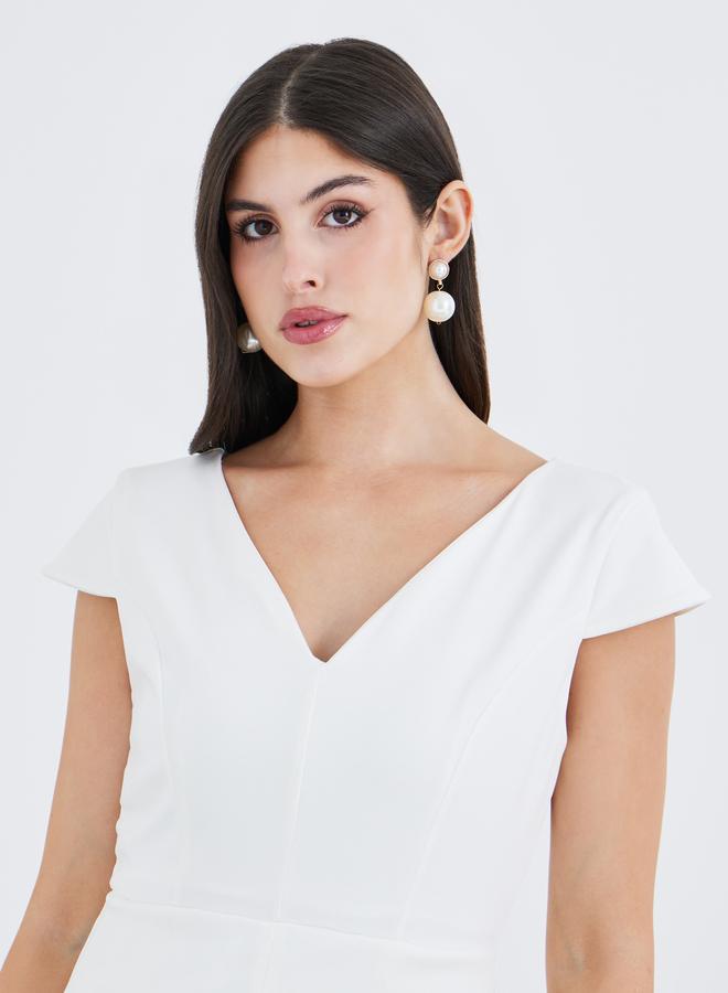 ستايلي فستان ميدي بأكمام قصيرة مطوي سادة - - Image 4