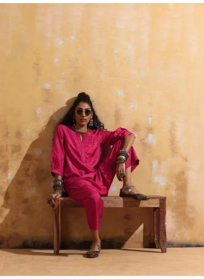 trueBrowns trueBrowns Pink Viscose Silk Kurta Co-ord Set