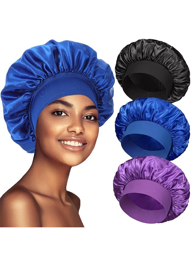 غطاء رأس للنوم بشريط مطاطي من الساتان كبير الحجم، غطاء رأس للنوم من الحرير الناعم والبوليستر جيد التهوية، قبعات استحمام عريضة وناعمة - Image 1