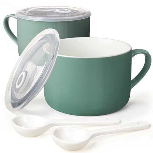 Wareland Soup Bowls with Handles & Spoons, 30oz Ceramic Ramen Bowl with Lid, Large Soup Mugs/Cups for Instant Noodle, Big Cereal Bowls for Oatmeal, Soup Containers with Lids, Set of 2, Teal Blue - Image 1