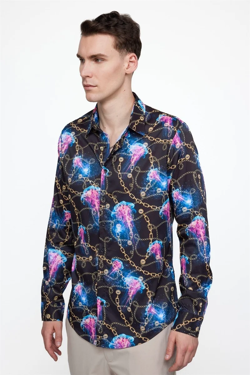 Tudors Slim Fit Slim Fit Long Sleeve Lycra Printed Men's Multicolored Shirt