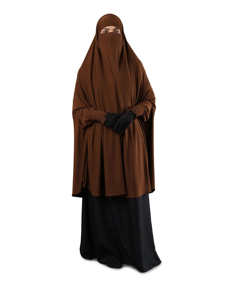 ICW Women Stretchable Jersey Smoking Sleeve Jilbab Cum Prayer khimar Hijab (Free Size) (Brown) - Image 1